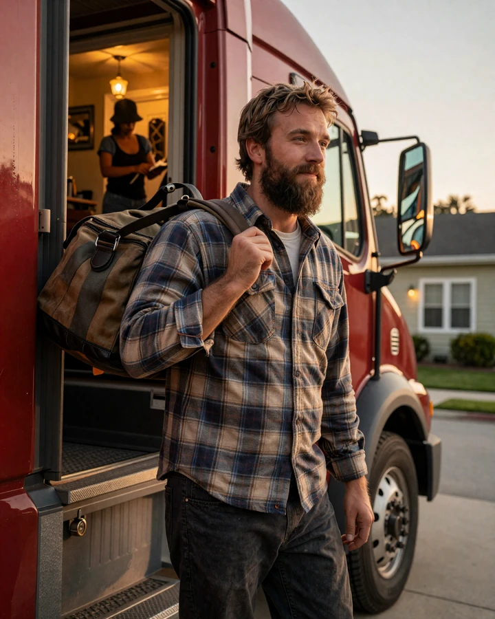 Truck driver returning home from a long haul, stepping down from his cab as his wife watches from the porch - re-entry phase moment