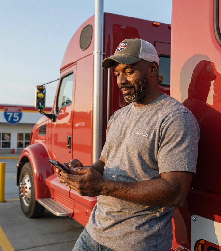 African American CDL trucker checking trucker dating app at Atlanta Pilot Flying J on I-75