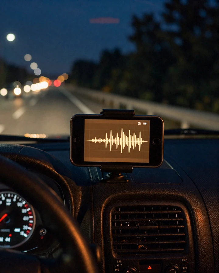 Smartphone on a truck dashboard showing a voice message - communication with a long-haul truck driver