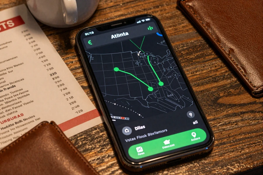 TruckerMatch app interface showing route-based matching across Dallas and Atlanta corridors