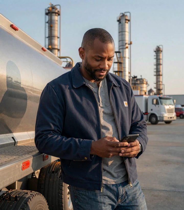 African American tanker truck driver checking trucker dating site at Port of Houston terminal