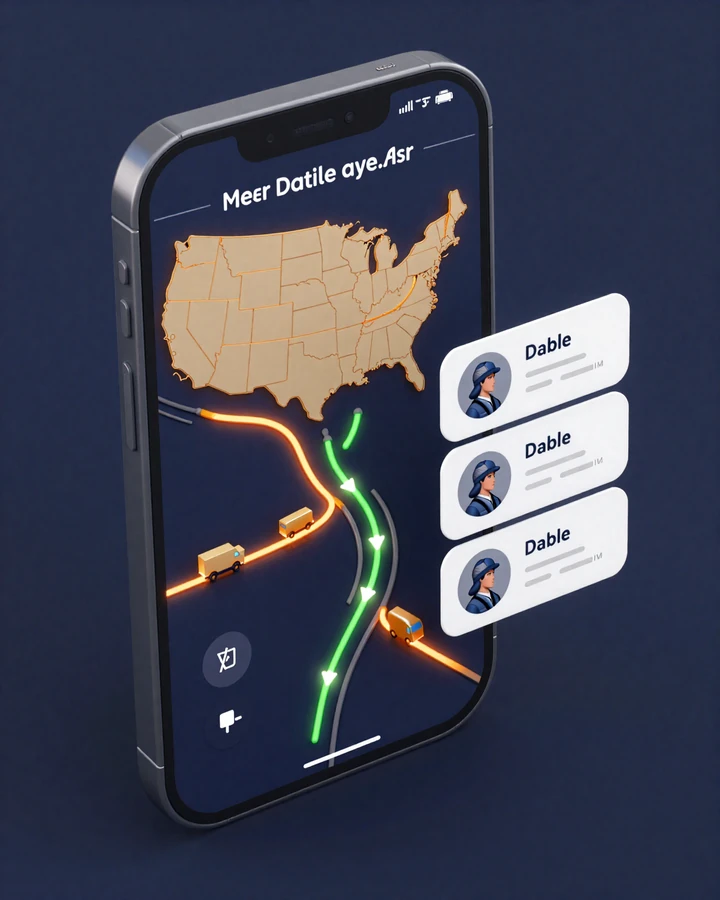 Visualization of TruckerMatch Route Matching Engine showing a Dallas-to-Atlanta corridor with pulsing driver profiles