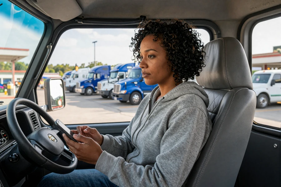 Female CDL driver evaluating a trucker dating app from the cab of her Peterbilt
