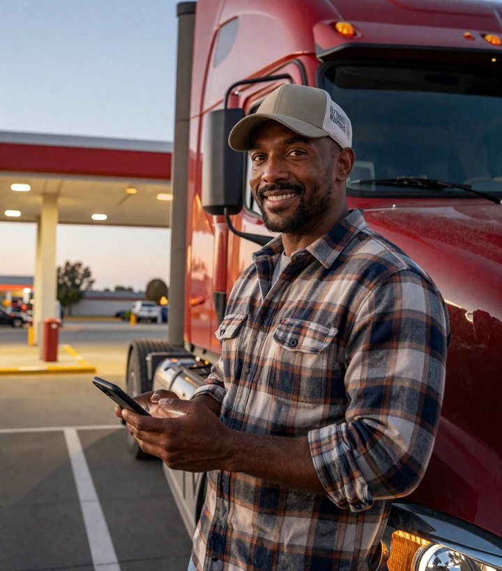 CDL truck driver checking the TruckerMatch app at a truck stop during golden hour