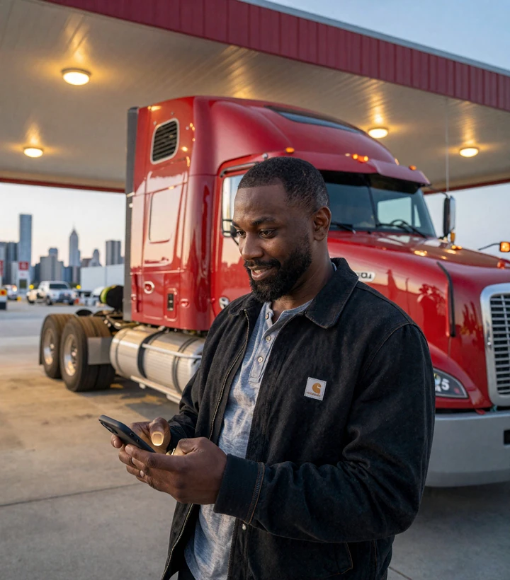 African American CDL truck driver checking trucker dating app at Chicago I-80 truck stop