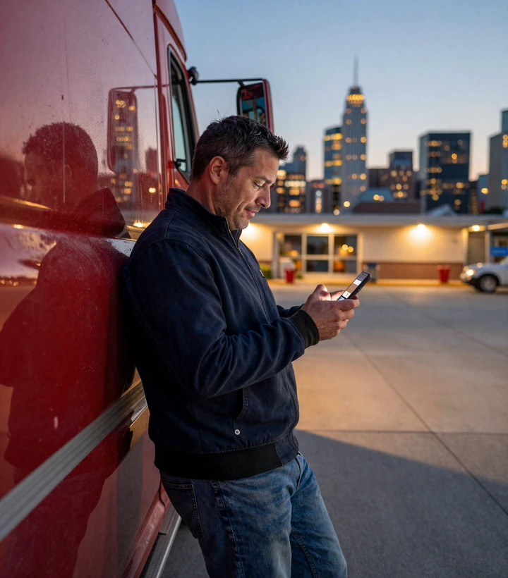 Italian American CDL truck driver using a trucker dating site at a New Jersey Turnpike rest area near the Manhattan skyline