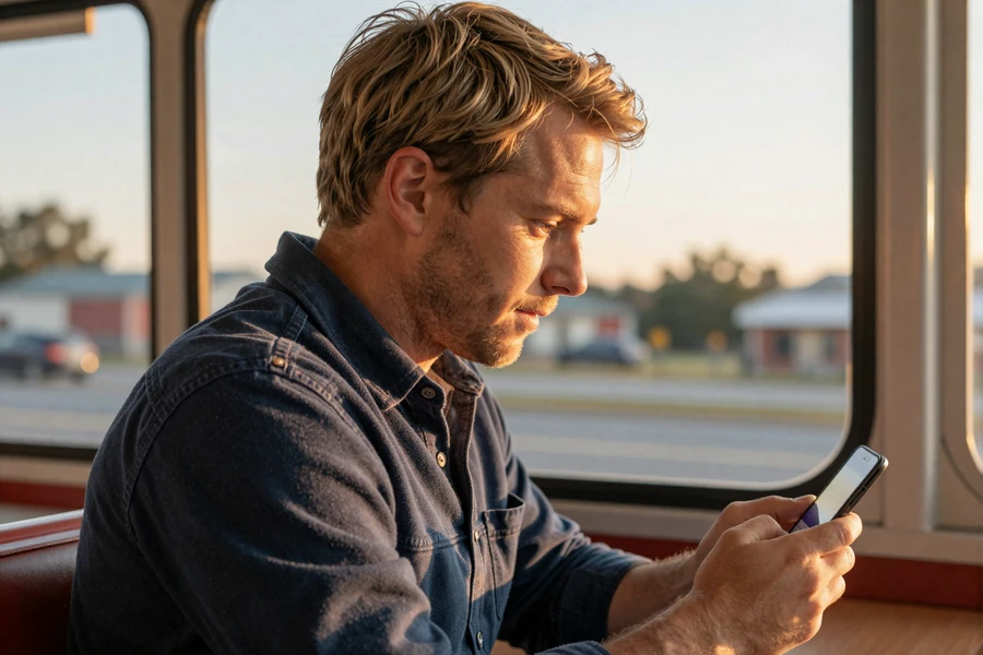 Regional CDL driver browsing the LaneMate trucker dating platform at a diner booth