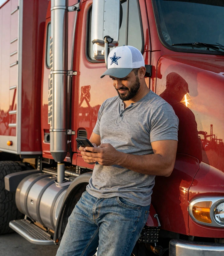 Hispanic American CDL truck driver checking trucker dating app at Dallas-Fort Worth truck stop