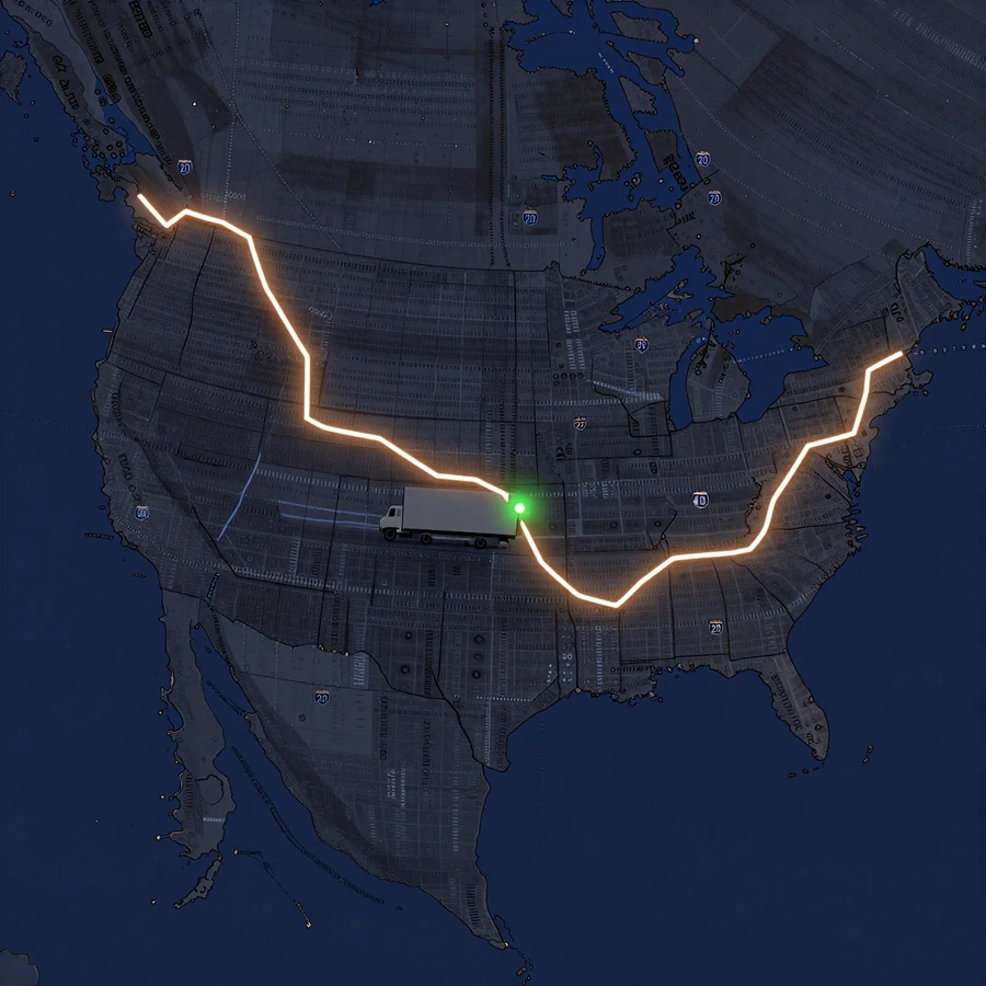 Map illustration of a Dallas-to-Atlanta corridor with a moving driver dot showing route overlap versus static zip-code matching