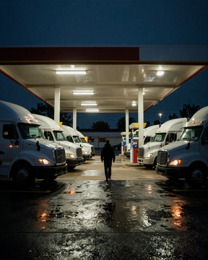 Empty American truck stop at night with rows of parked semi-trucks and a lone driver walking under fluorescent lights - life of a truck driver