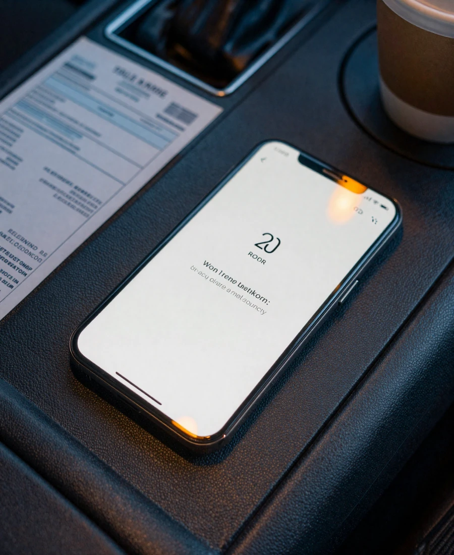 Smartphone on truck dashboard showing a generic dating app with zero new matches notification