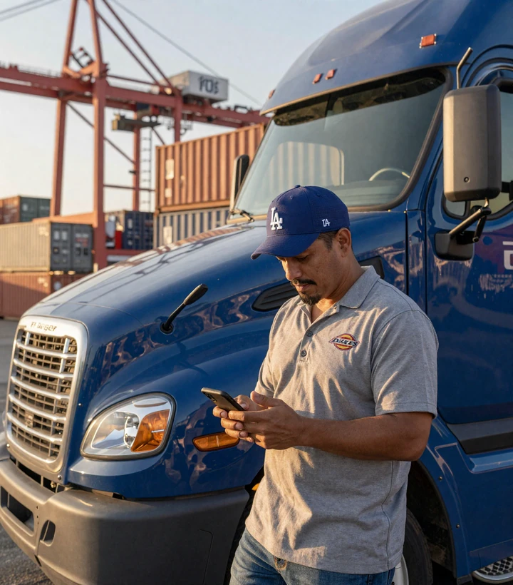 Latino drayage truck driver checking trucker dating app at Port of Long Beach