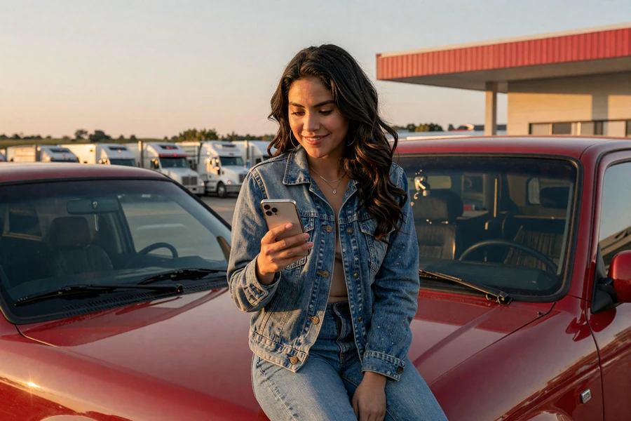 Trucker-girlfriend community member testing DieselDesires app at a rural truck stop